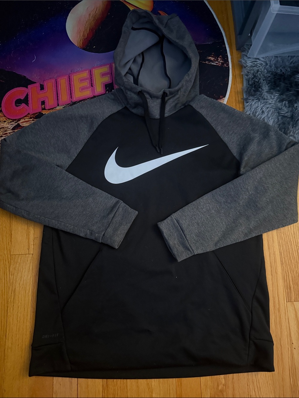 Nike Black & Gray Dri-FIT Pullover Hoodie with White Swoosh